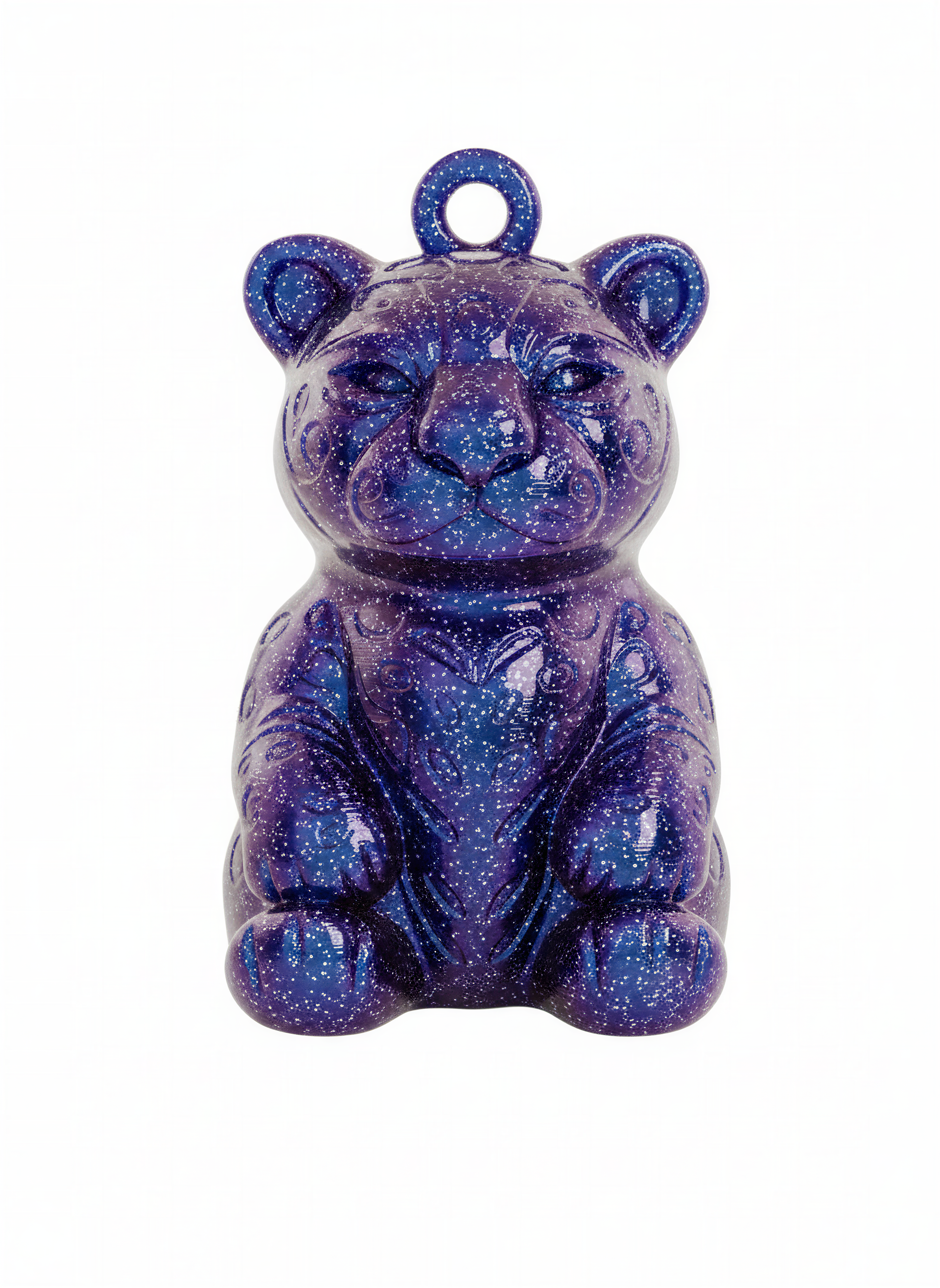 Colgante jaguar púrpura con acabado brillante y destellos, accesorio impreso en 3D